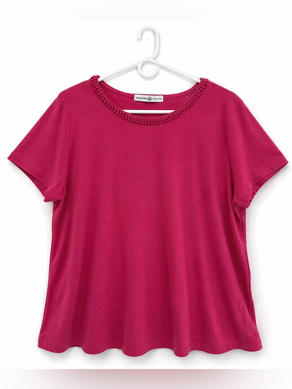 Signature Collection Pink Cotton Pom-Pom Trim Short Sleeve Top 1X